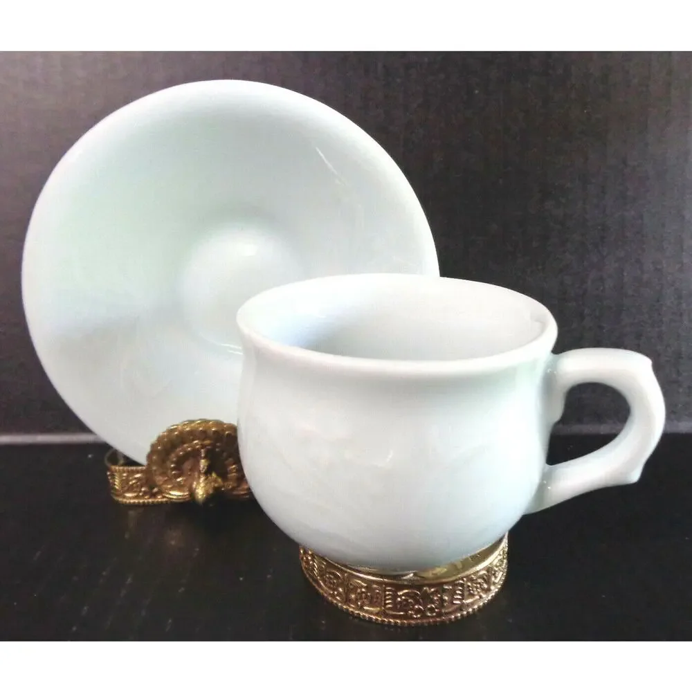 Green Jadeite Tea Cup Saucer Set Coffee Mug Raised Asian Flower Vtg Milk Glass